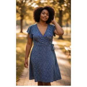 ✨Kaileigh Arnett Faux Wrap Knit Womens Dress M Blue/White Trendy Soft V-Neck #